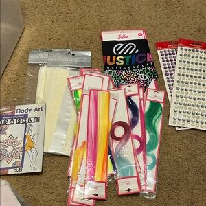 Colorful Hair Extensions and Body Art Set